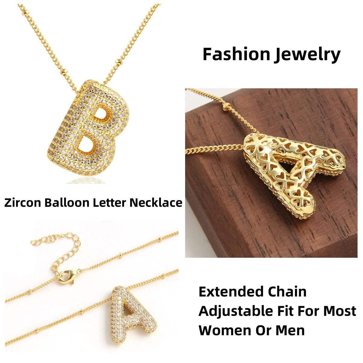 Gold-Style Plated Balloon Initial Zirconia Letter Pendant Necklace