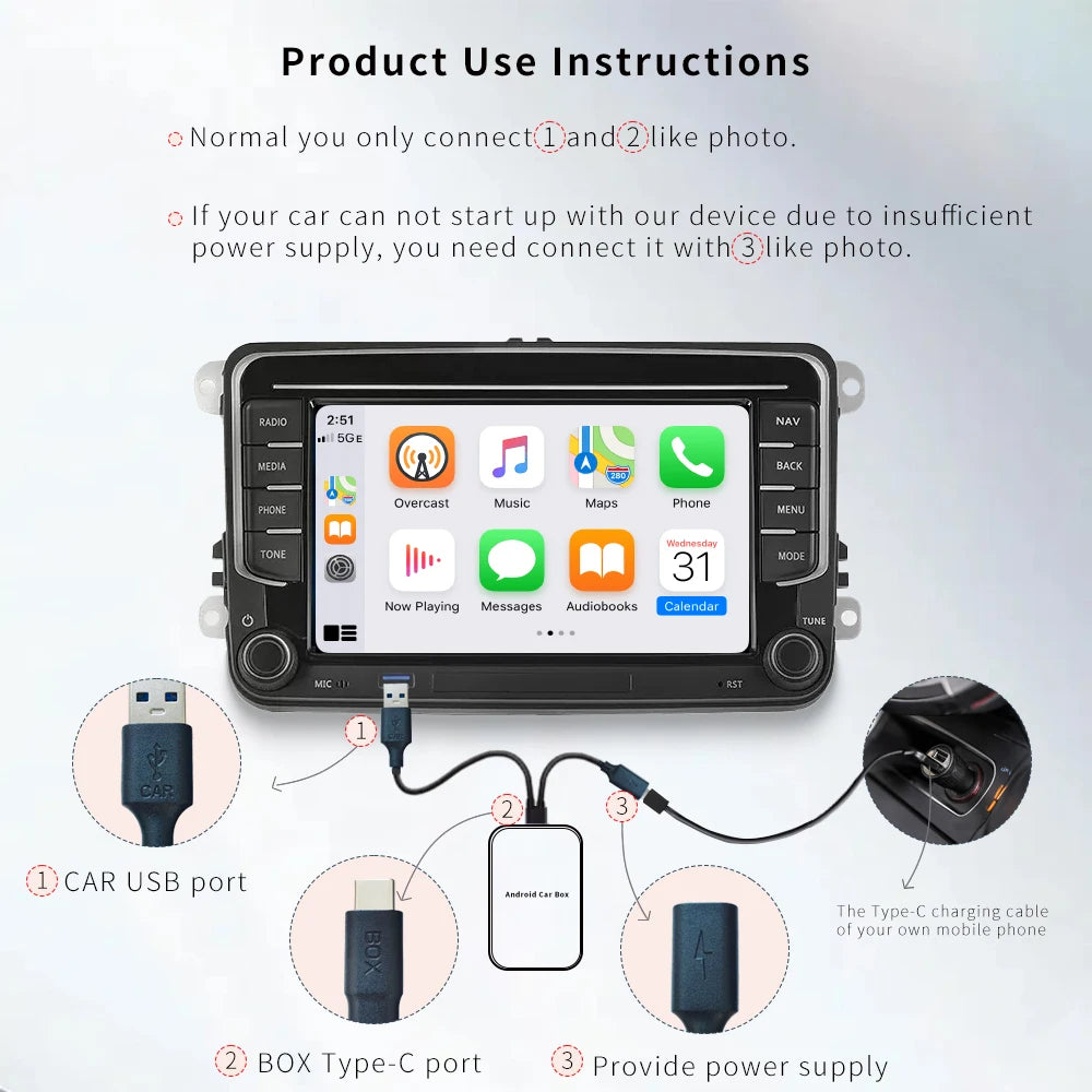 XUDA Android14 Wireless CarPlay/Android Auto 3in1 NEW CarPlay Ai Box  4Cores 4GB RAM+64GB ROM Plug and Play Stable Transmission