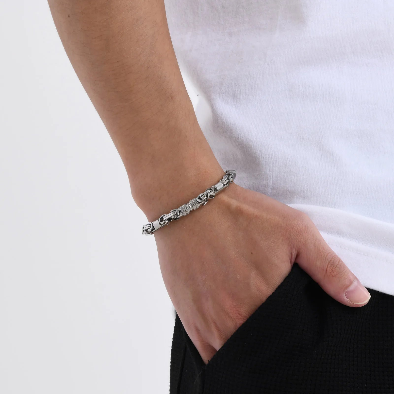 Pulseiras Bizantinas Punk para Homens e Rapazes, Pulseira de Elos de Aço Inoxidável Feita à Mão, Presentes de Joalharia Casuais Elegantes