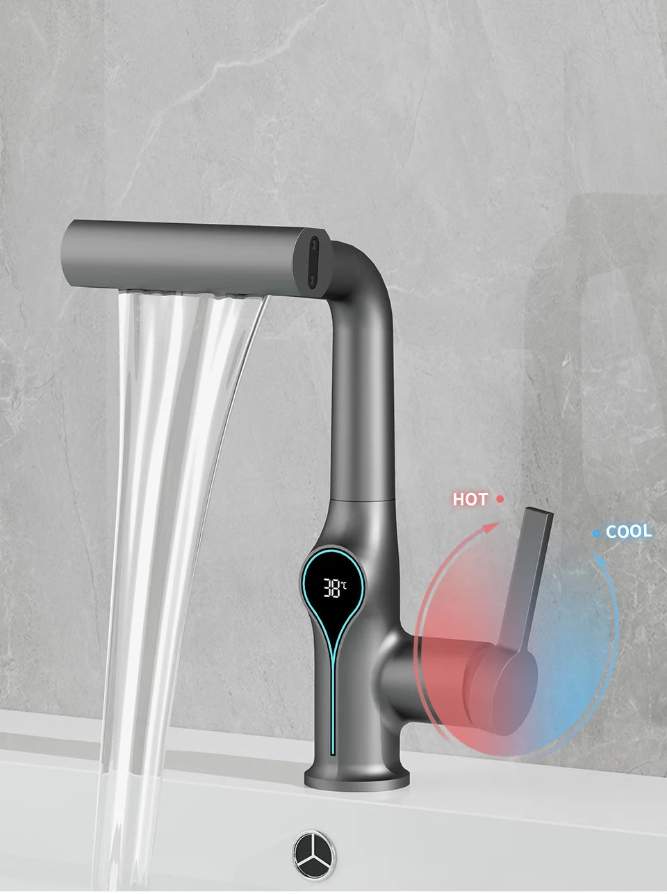 Digital Waterfall Basin Tap with LED Temperature Display