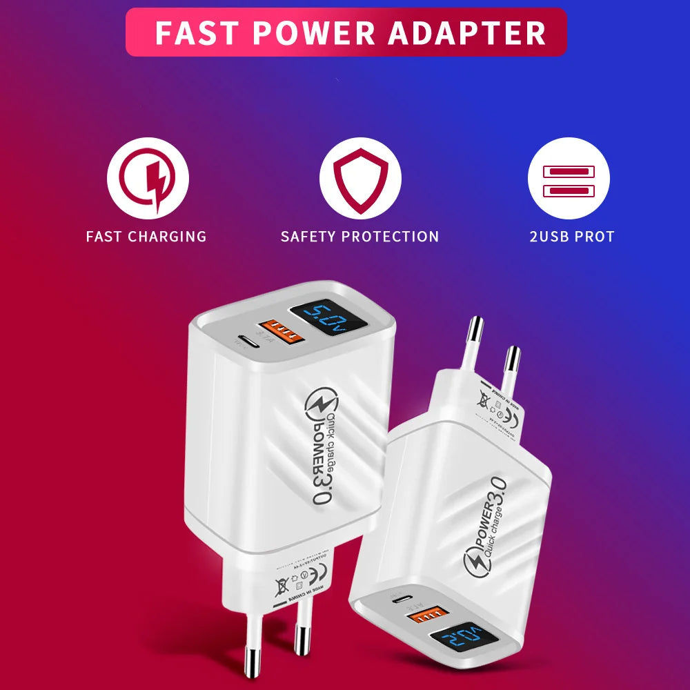 20W USB C Fast Charger with LCD Display, 2-Port Multi Charger for iPhone 14 Pro Max, Samsung, Xiaomi, Huawei, Quick Charge 3.0