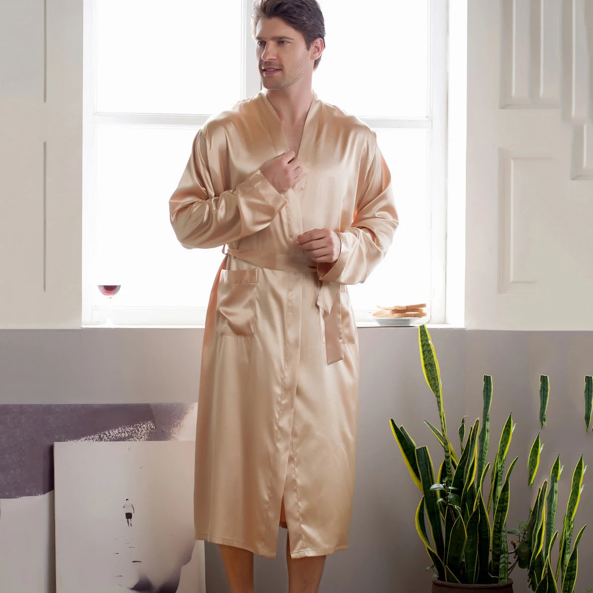 Men's Long Black Satin Bridegroom Wedding Bathrobe