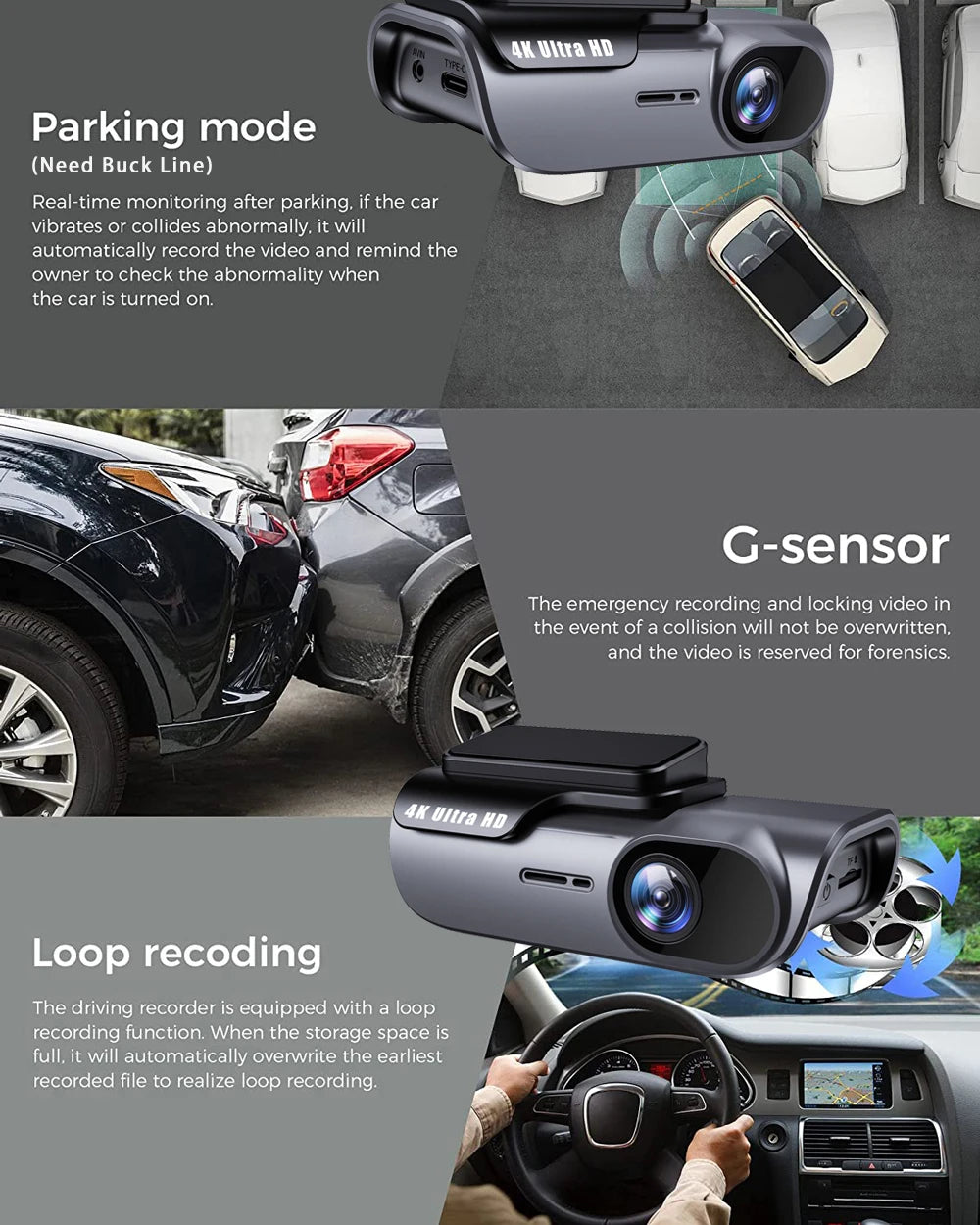 4K 3840*2160P Dash Cam WIFI Car DVR Camera Video Drive Recorder Dashcam Registrar Black Box 24 Hour Monitoring Night Vision