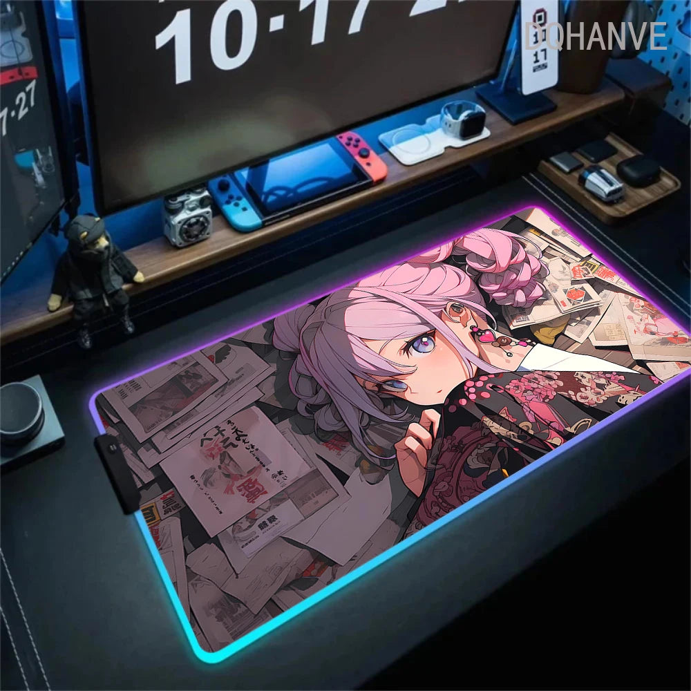 Pink Girls RGB Anime Rubber Mouse Pads XXL Cute Large LED Lighting PC Computer Mousepad Colorful Glowing Deskmat Backlight Mat