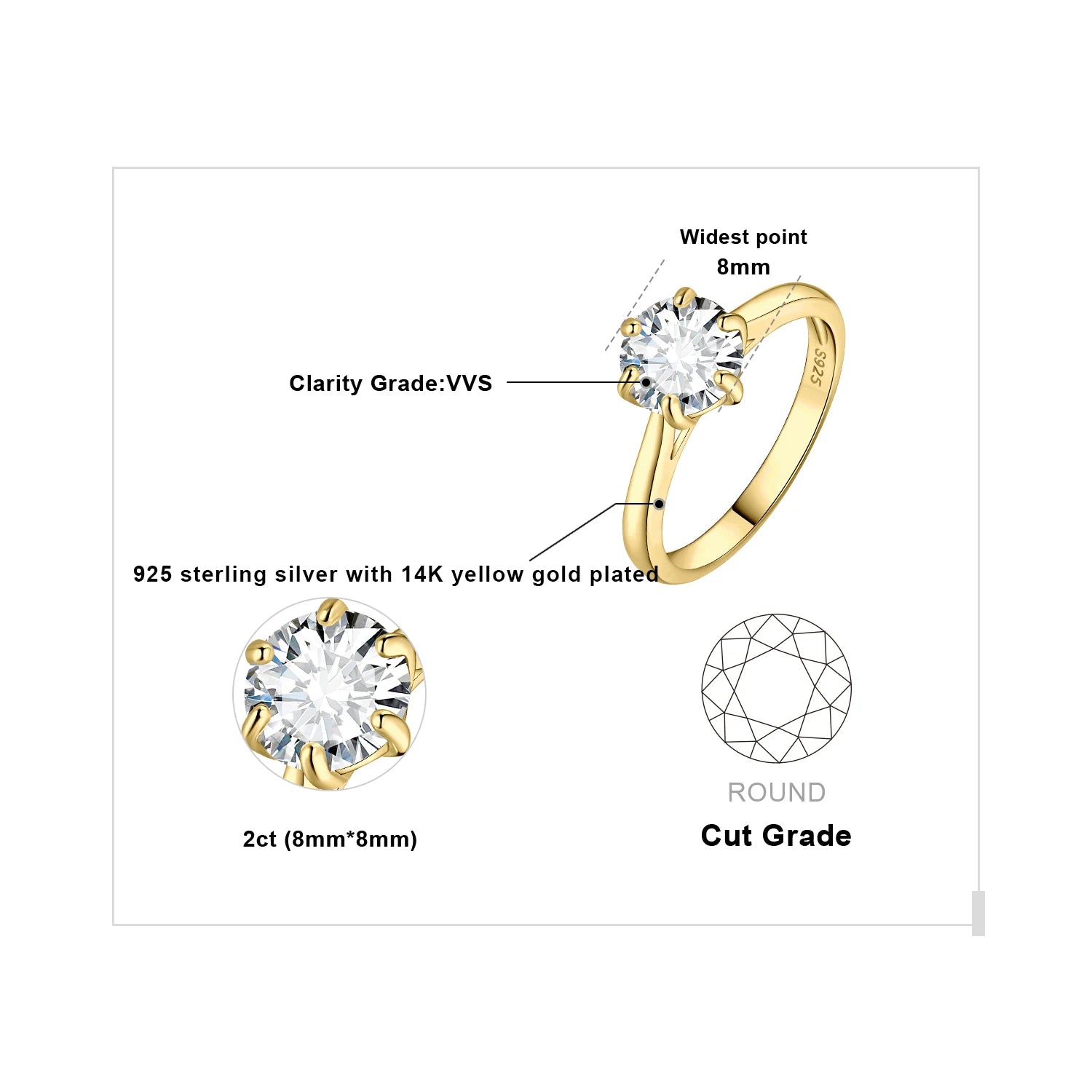 925 Sterling Silver D Color 6-Claw Moissanite Solitaire Ring