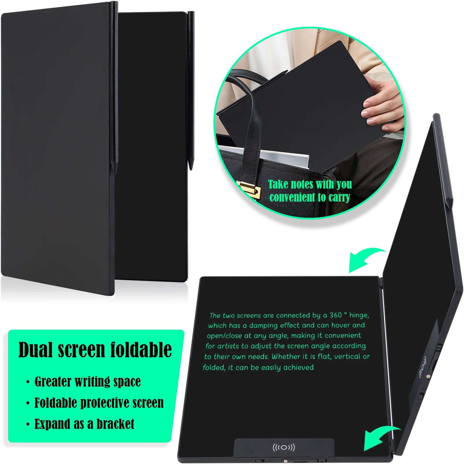 Tablet de Escrita LCD Dobrável de 14,3 Polegadas com Ecrã Dividido, Quadro Eletrónico Apagável e Livro de Notas