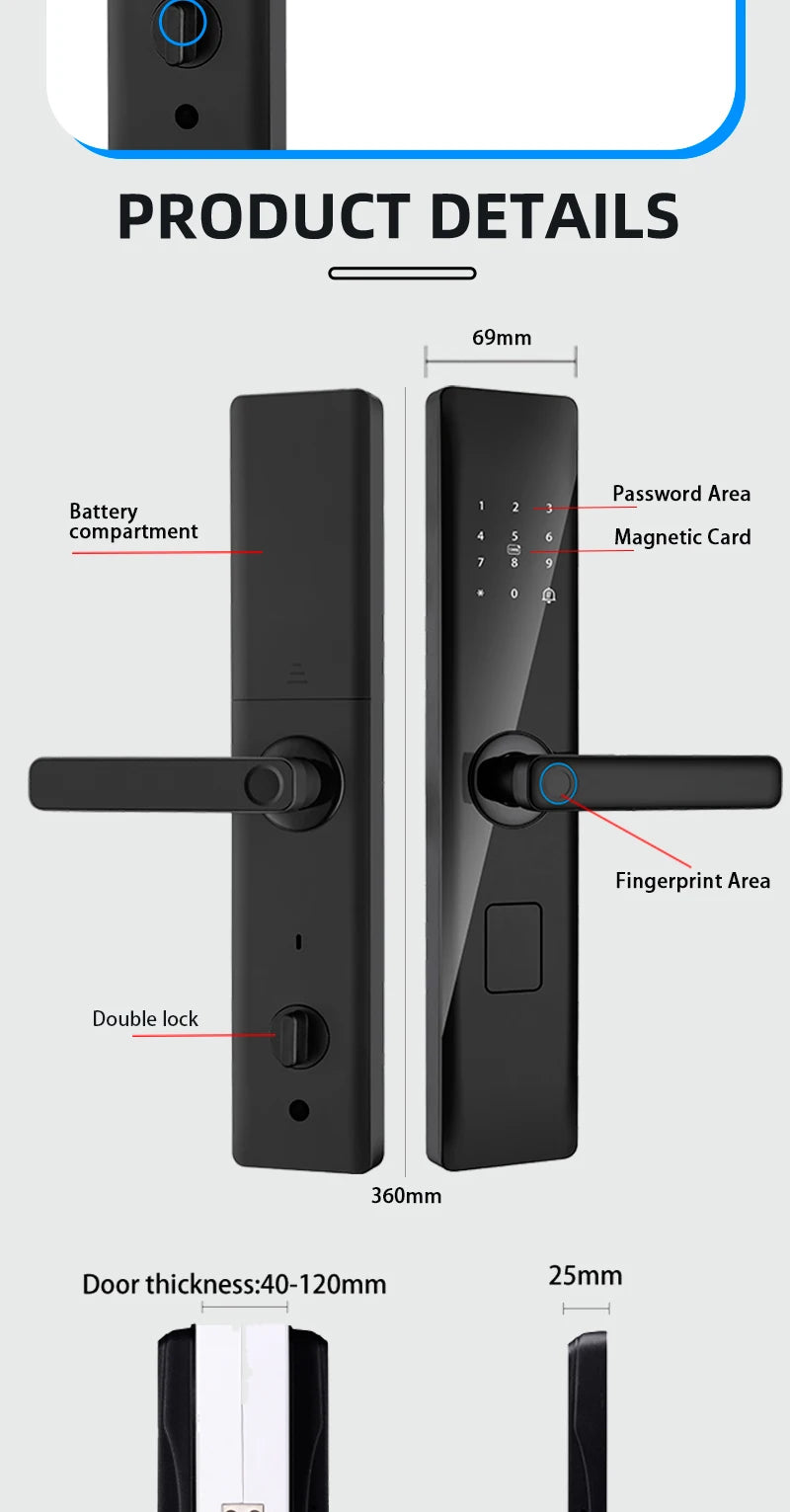Tuya Smart Lock Wirelss With Fingerprint Password IC Card Unlock Support USB Emergency Charge Handle Direction Adjustable ﻿