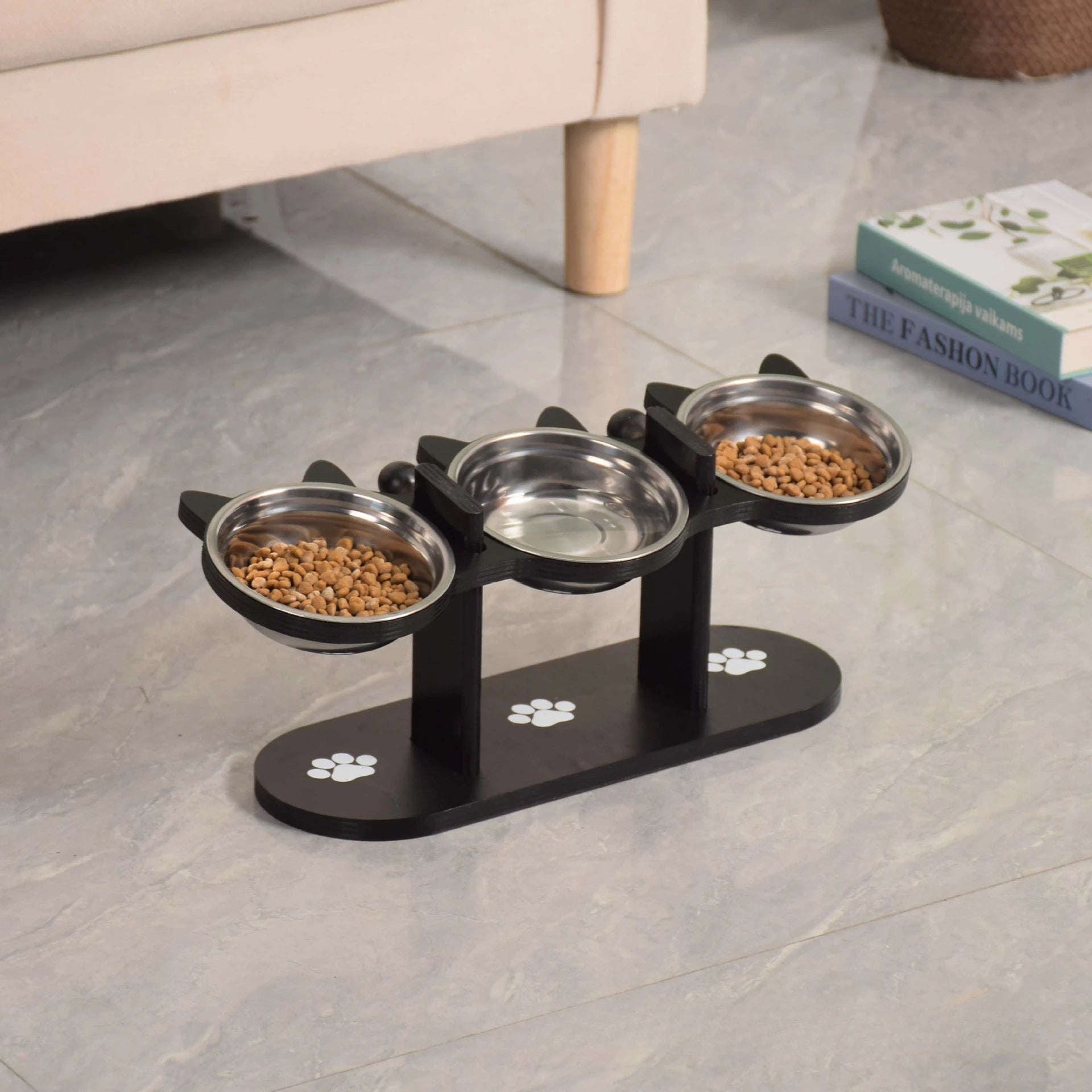 Adjustable 15-Degree Elevated 3-Bowl Wood and Stainless Steel Feeder