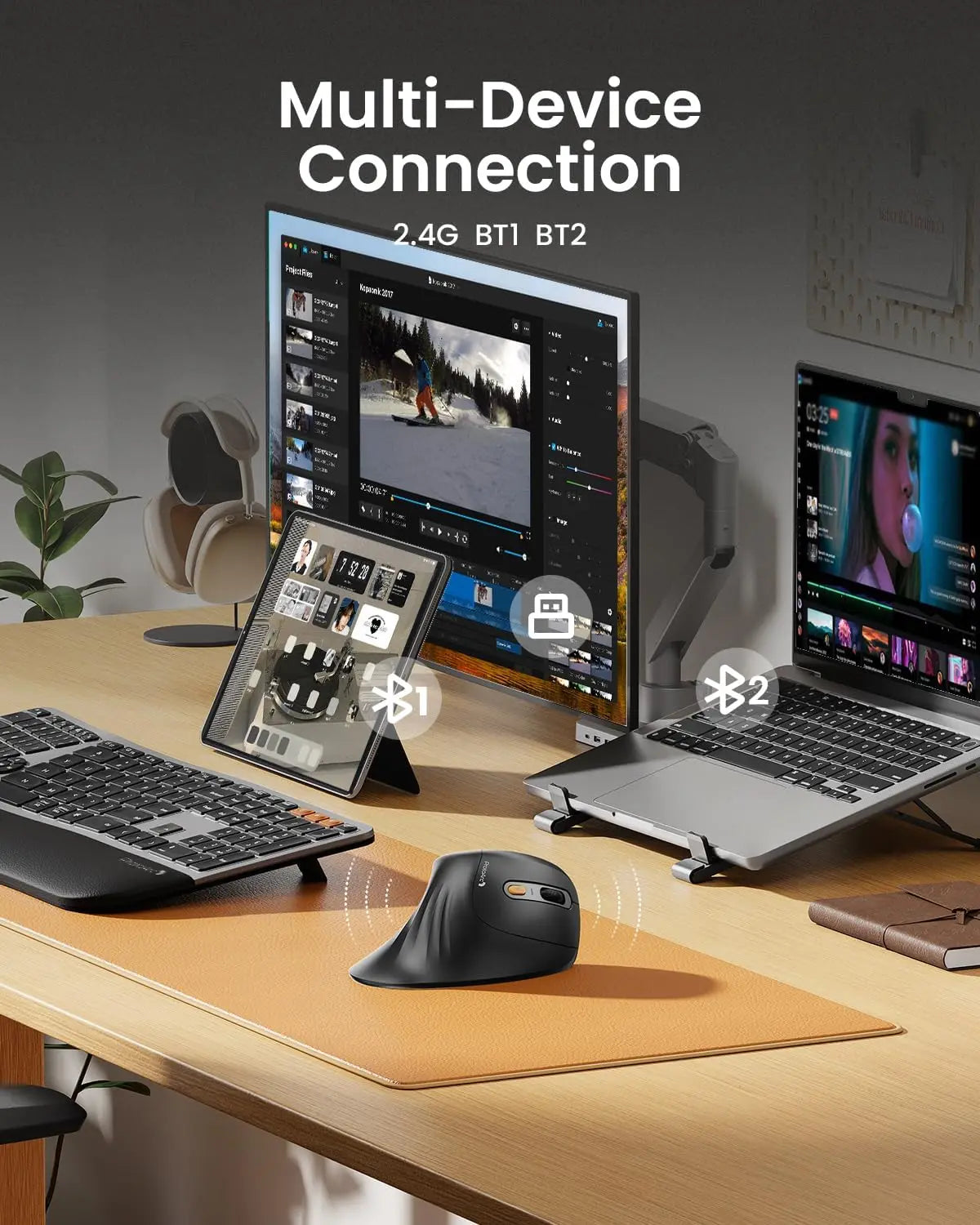 ProtoArc Ergonomic Mouse, EM11 NL Bluetooth Rechargeable Wireless Vertical Mouse 3 Multi-Device Connectivity for Computer/PC