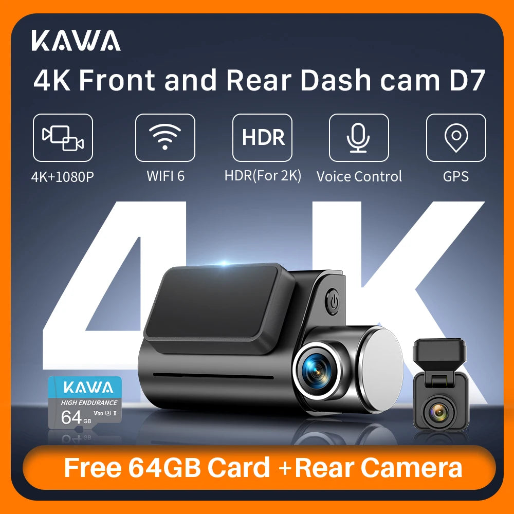 Front and Rear Dash cam KAWA D7 4K,Video Recorder 4K WiFi6 Car Camera,DVR Tiny Rear Camera for AUTO,APP/Voice Control Dashcam