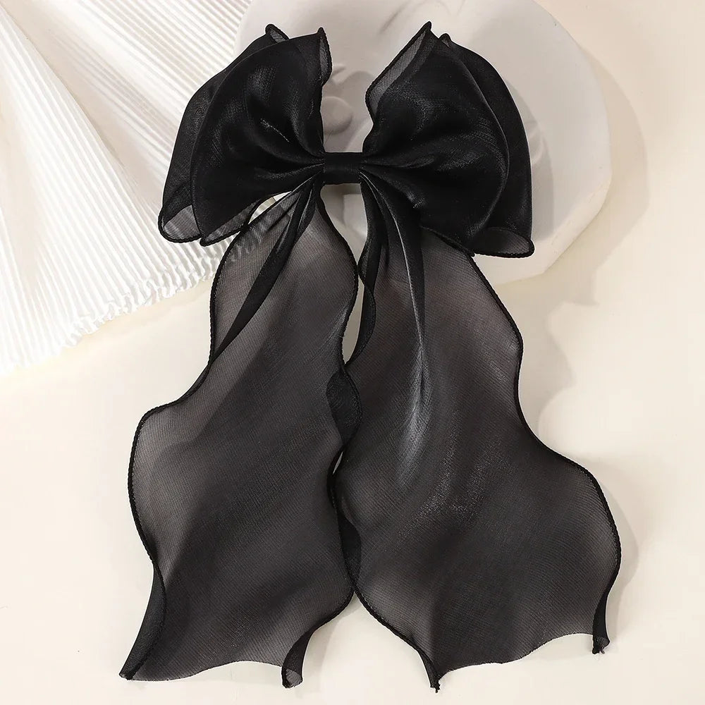 Elegant Long Satin Bow Hair Clip Large Chiffon Barrette