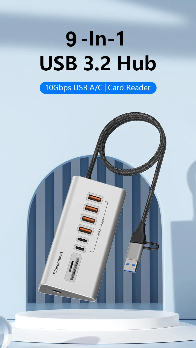 10Gbps USB 3.2 Docking Station USB Hub Type C Splitter with Card Reader Aluminum Alloy Multi 8/9 Ports Switch For PC Laptop
