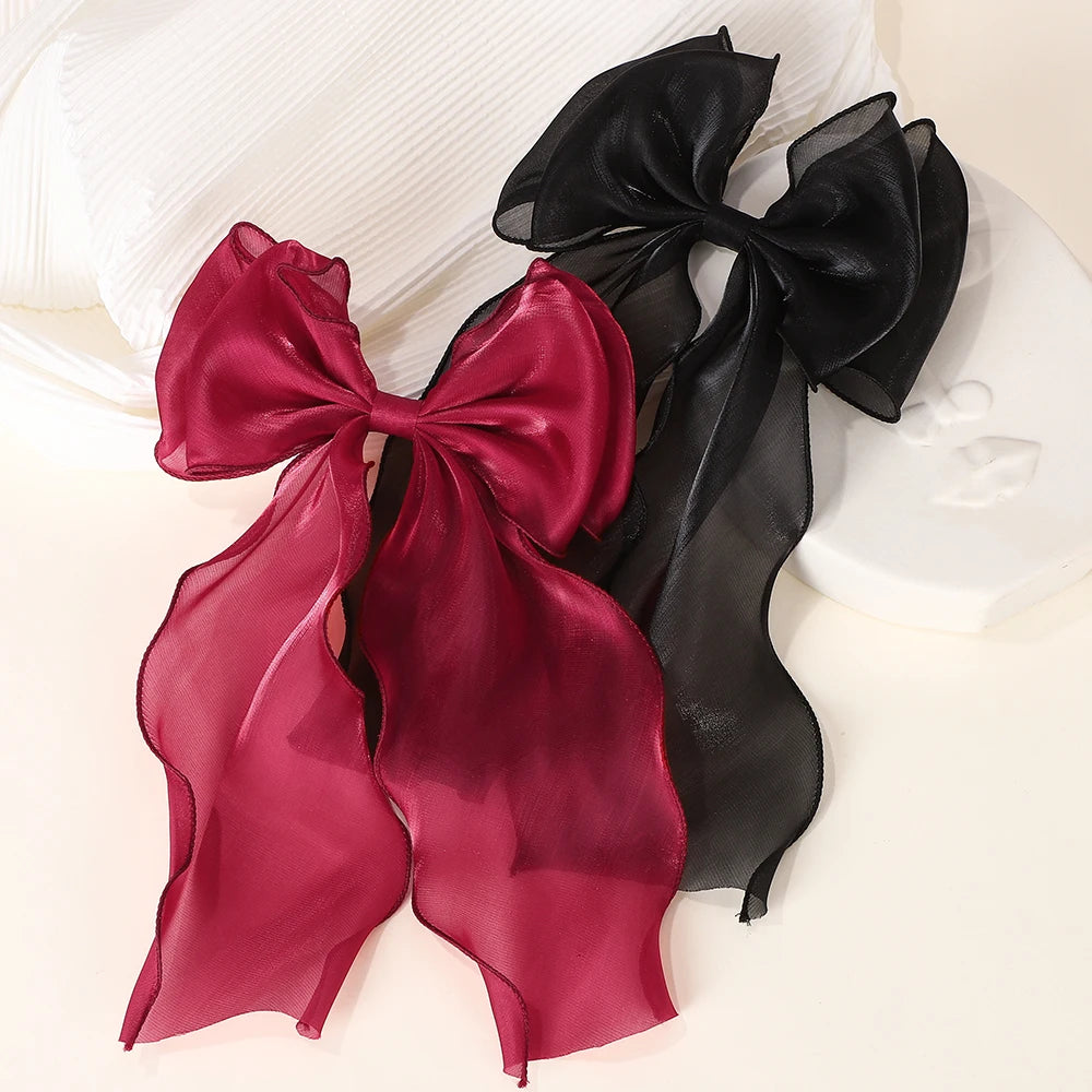Elegant Long Satin Bow Hair Clip Large Chiffon Barrette