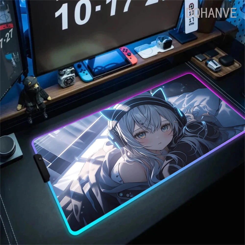 Pink Girls RGB Anime Rubber Mouse Pads XXL Cute Large LED Lighting PC Computer Mousepad Colorful Glowing Deskmat Backlight Mat