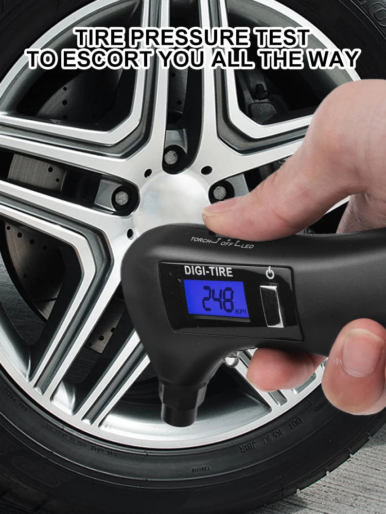 Digital tire pressure gauge, emergency lighting flashlight, car escape hammer, seat belt cutter, multi-functional self-rescue to