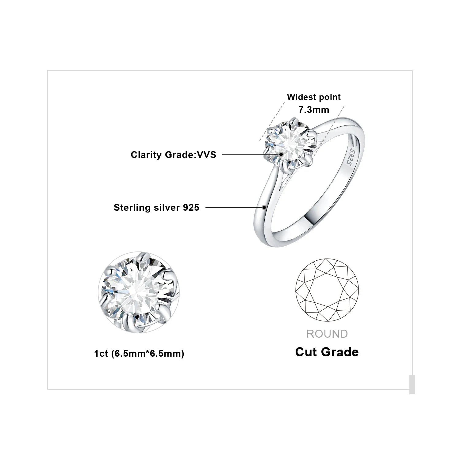 925 Sterling Silver D Color 6-Claw Moissanite Solitaire Ring