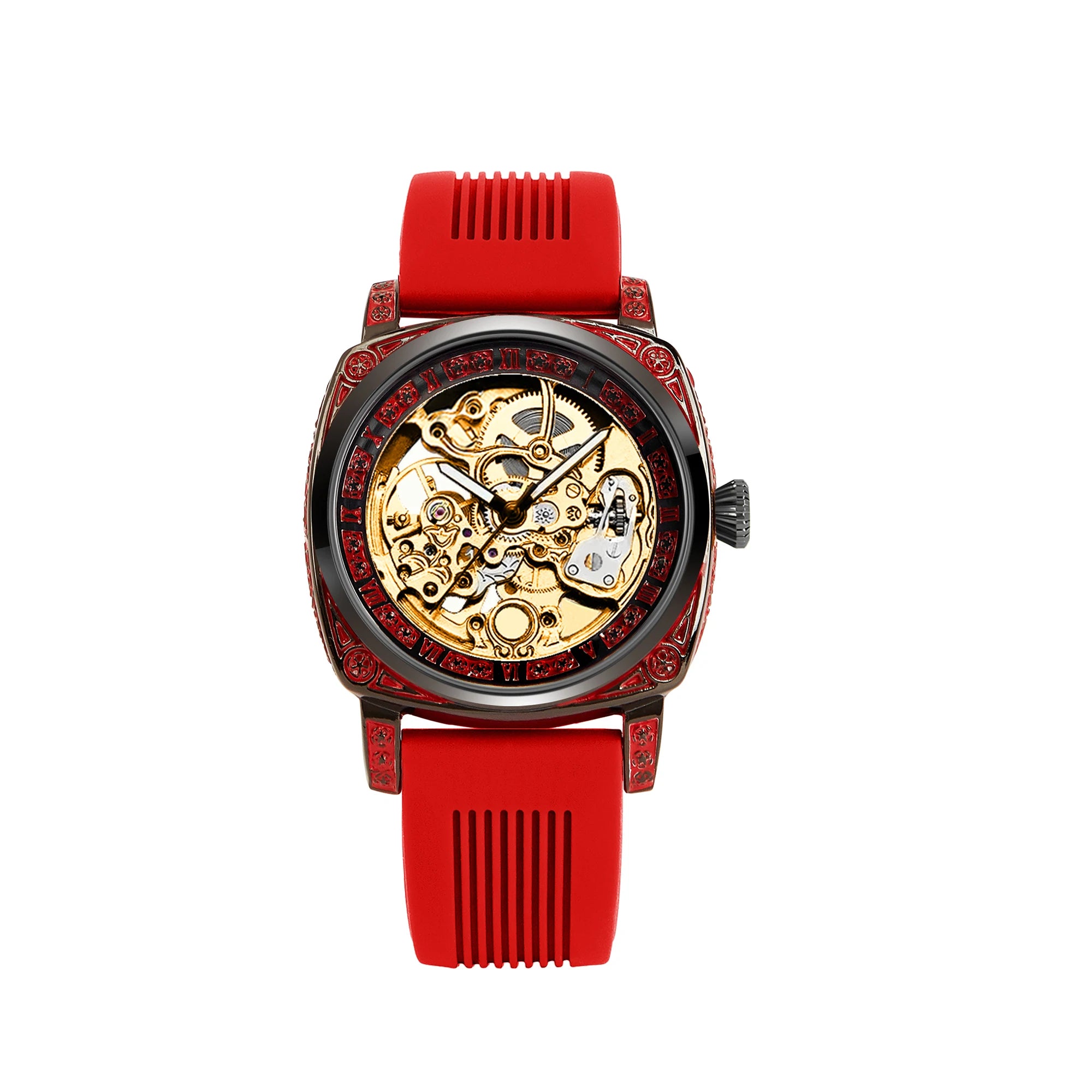 New ladies' watch with golden red tape, casual style, elegant night light, carved flowers, fully automatic mechanical watch