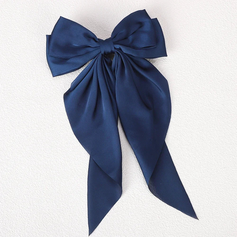 Elegant Long Satin Bow Hair Clip Large Chiffon Barrette