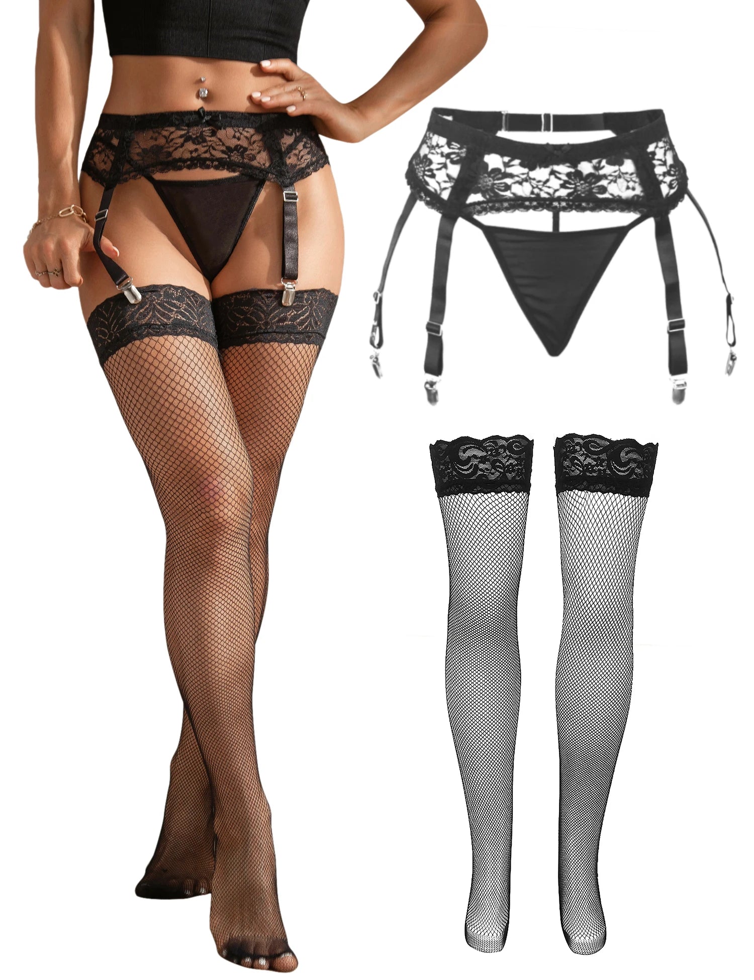 High Waist Lace Garter Belt with Thong