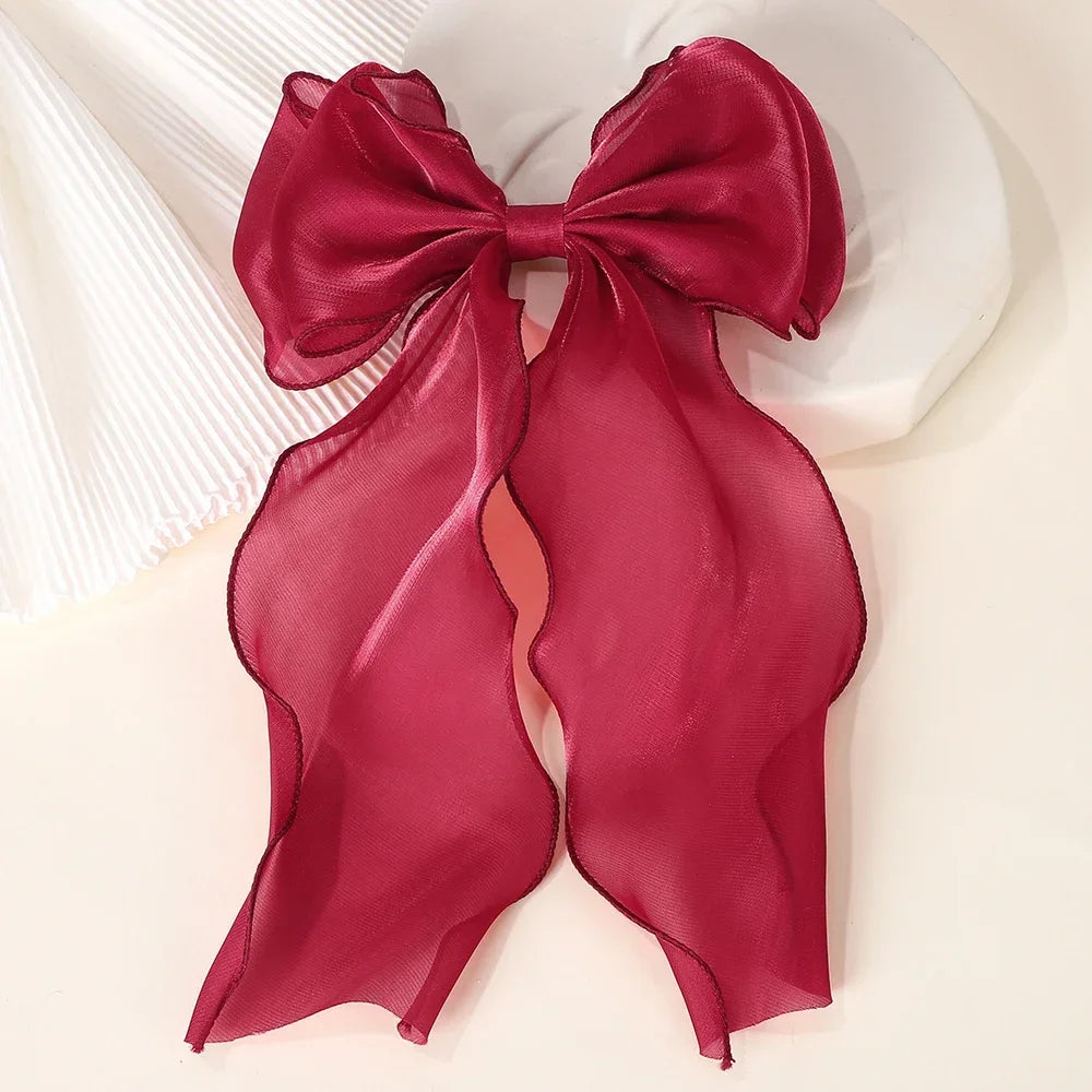 Elegant Long Satin Bow Hair Clip Large Chiffon Barrette