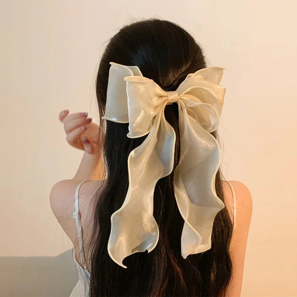 Elegant Long Satin Bow Hair Clip Large Chiffon Barrette