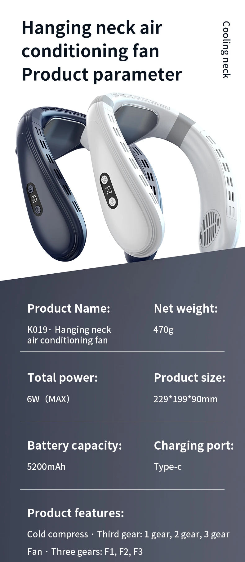 Portable Semiconductor Cooling Neck Fan with 5200mAh Battery