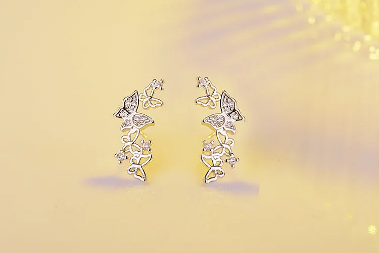 Luxury 925 Sterling Silver Butterfly Zircon Stud Earrings