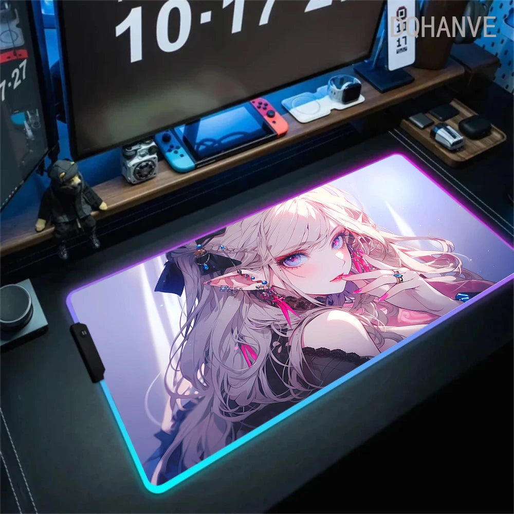 Pink Girls RGB Anime Rubber Mouse Pads XXL Cute Large LED Lighting PC Computer Mousepad Colorful Glowing Deskmat Backlight Mat