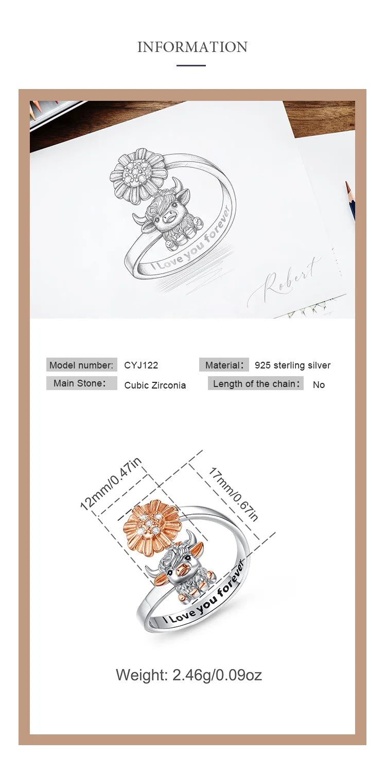925 Sterling Silver Highland Cow Adjustable Flower Zircon Ring