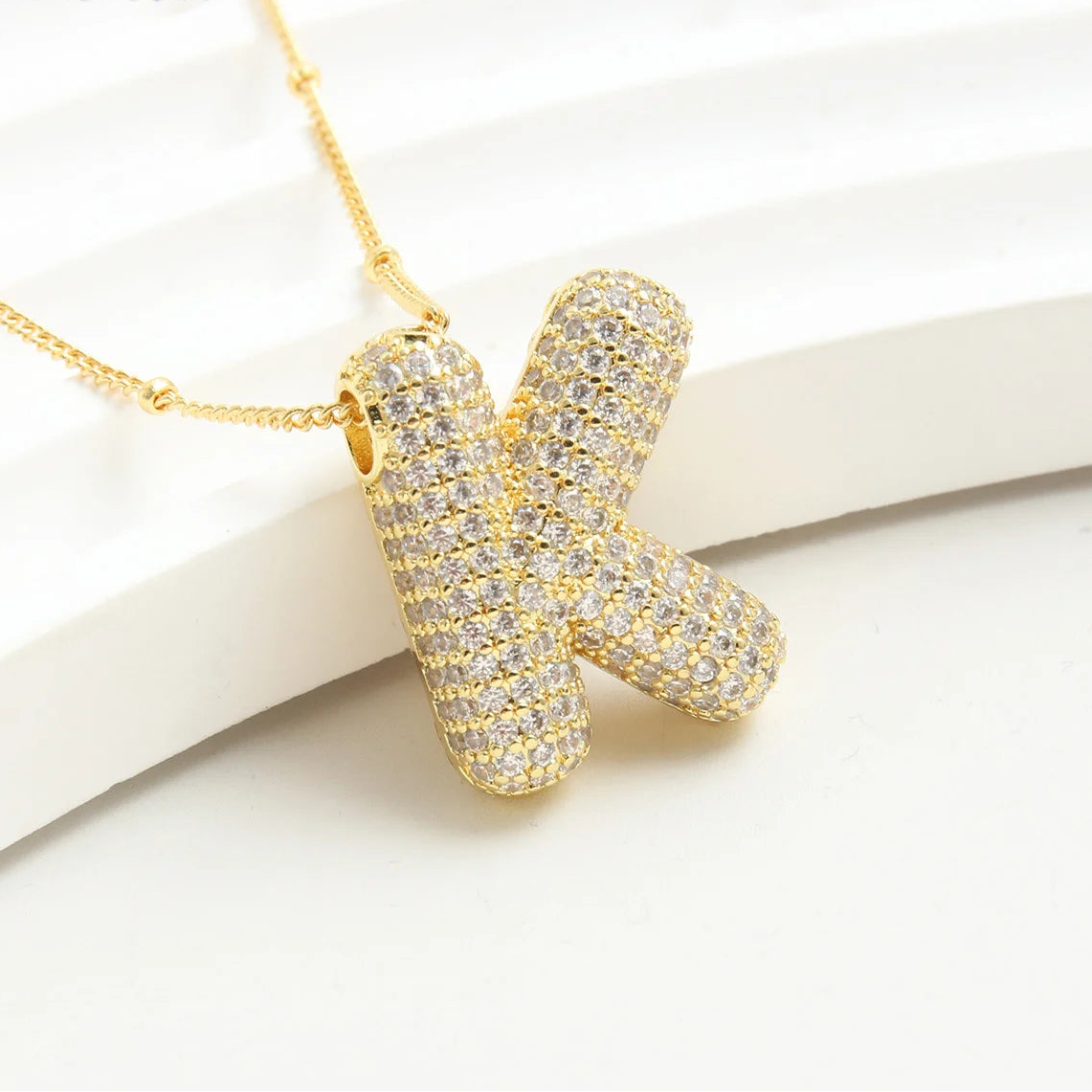 Gold-Style Plated Balloon Initial Zirconia Letter Pendant Necklace