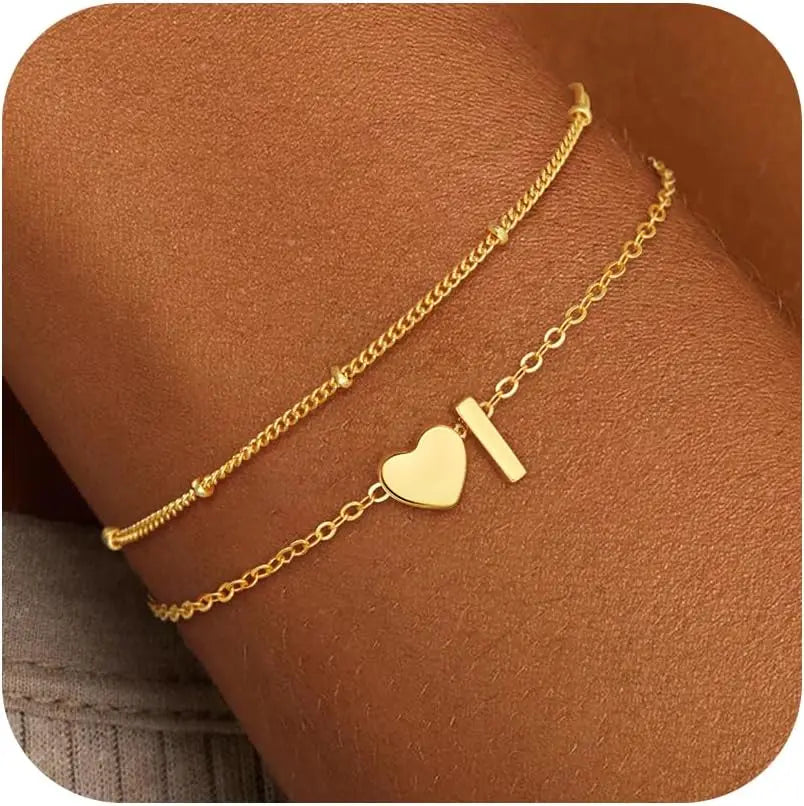 18k Gold-Style Plated Stainless Steel Heart Initial Charm Bracelet