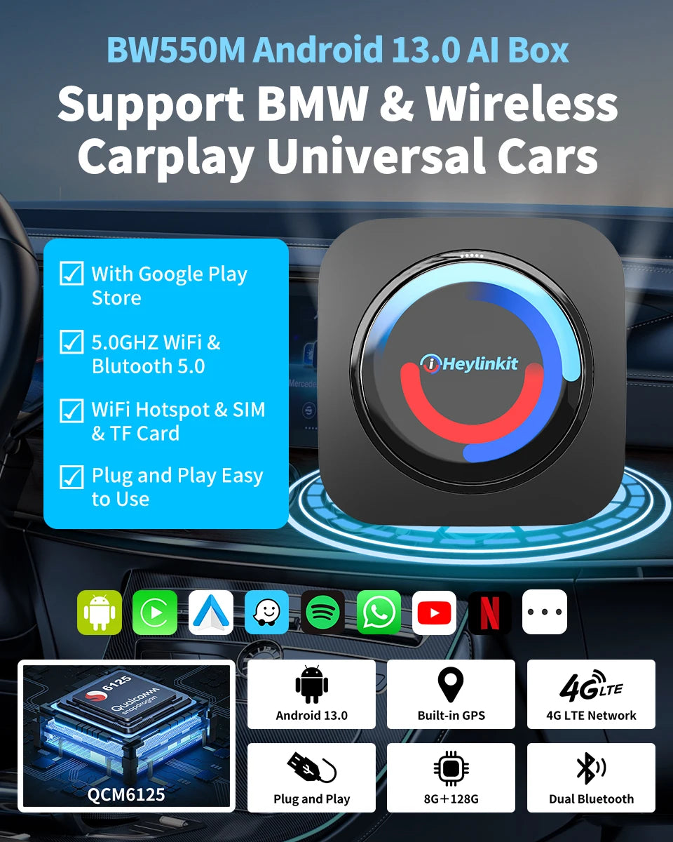 iHeylinkit BW550M Smart Ai Box Android13.0 QCM6125 Wireless CarPlay Adapter Android Auto Support Google Play Video Game Software