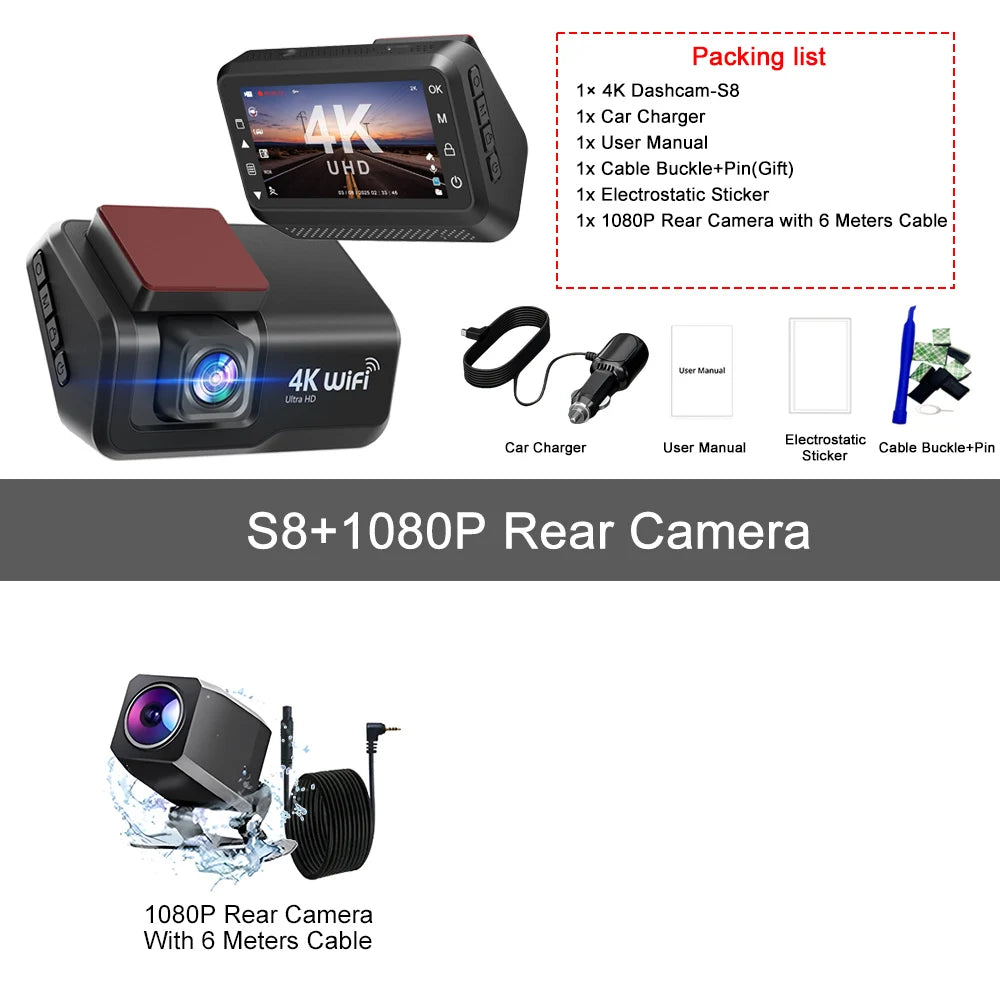 Kocam 4K UHD Dash Cam WiFi Car DVR Front and Rear Dual Lens Auto Car Camera with Night Vision 24H Parking Monitor Black Box