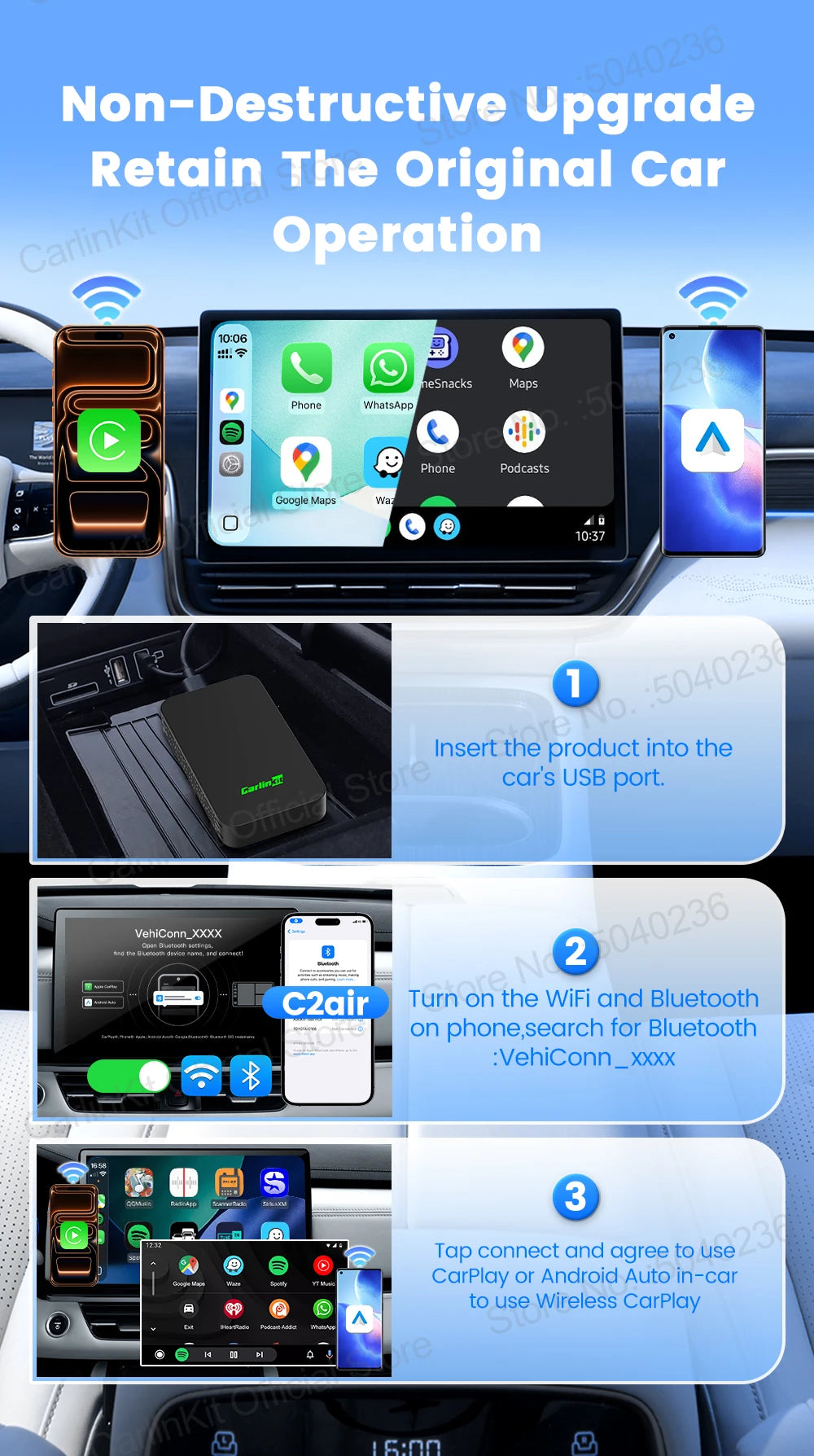 CarlinKit 5.0 C2Air 2-In-1 CarPlay Android Auto Wireless Adapter For Wired CarPlay Android Auto Cars Online Upgrade Plug & Play