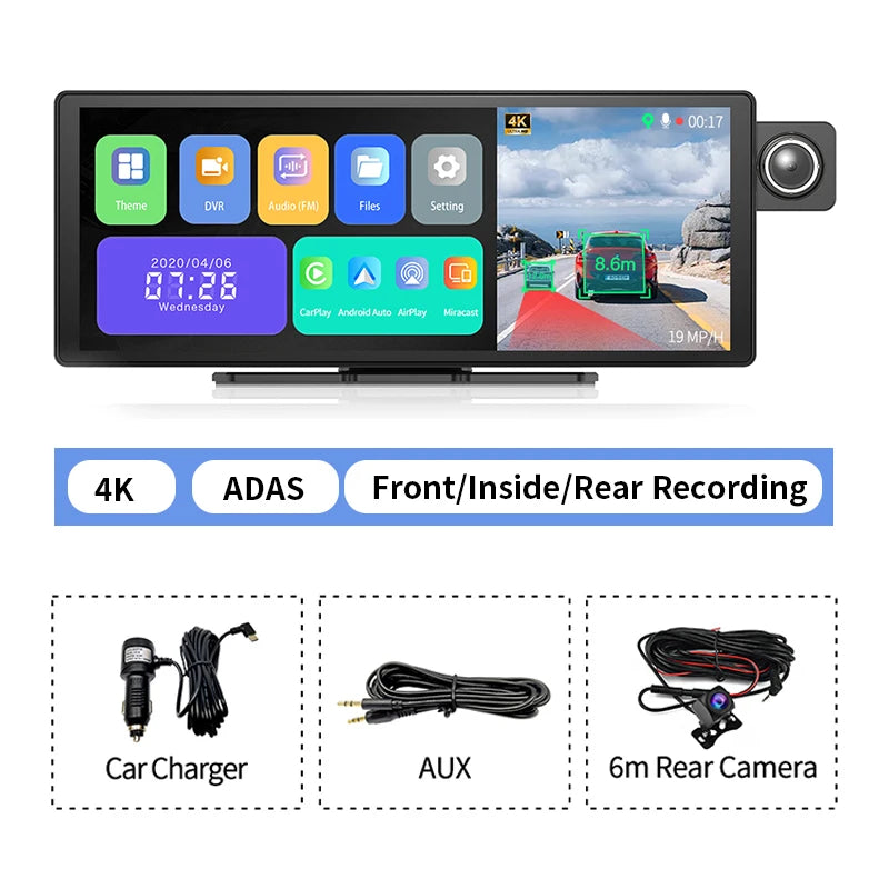 Câmara de Tablier 4K Imagebon H50 de 11.3" ADAS CarPlay Sem Fios e Android Auto Gravação de 3 Canais Time Lapse Monitor de Estacionamento 24h Caixa Negra