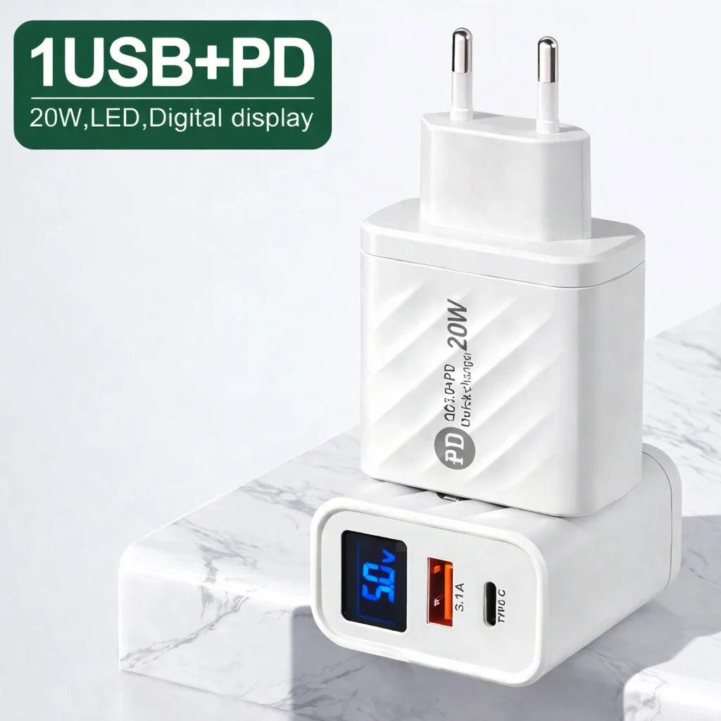 20W USB C Fast Charger with LCD Display, 2-Port Multi Charger for iPhone 14 Pro Max, Samsung, Xiaomi, Huawei, Quick Charge 3.0