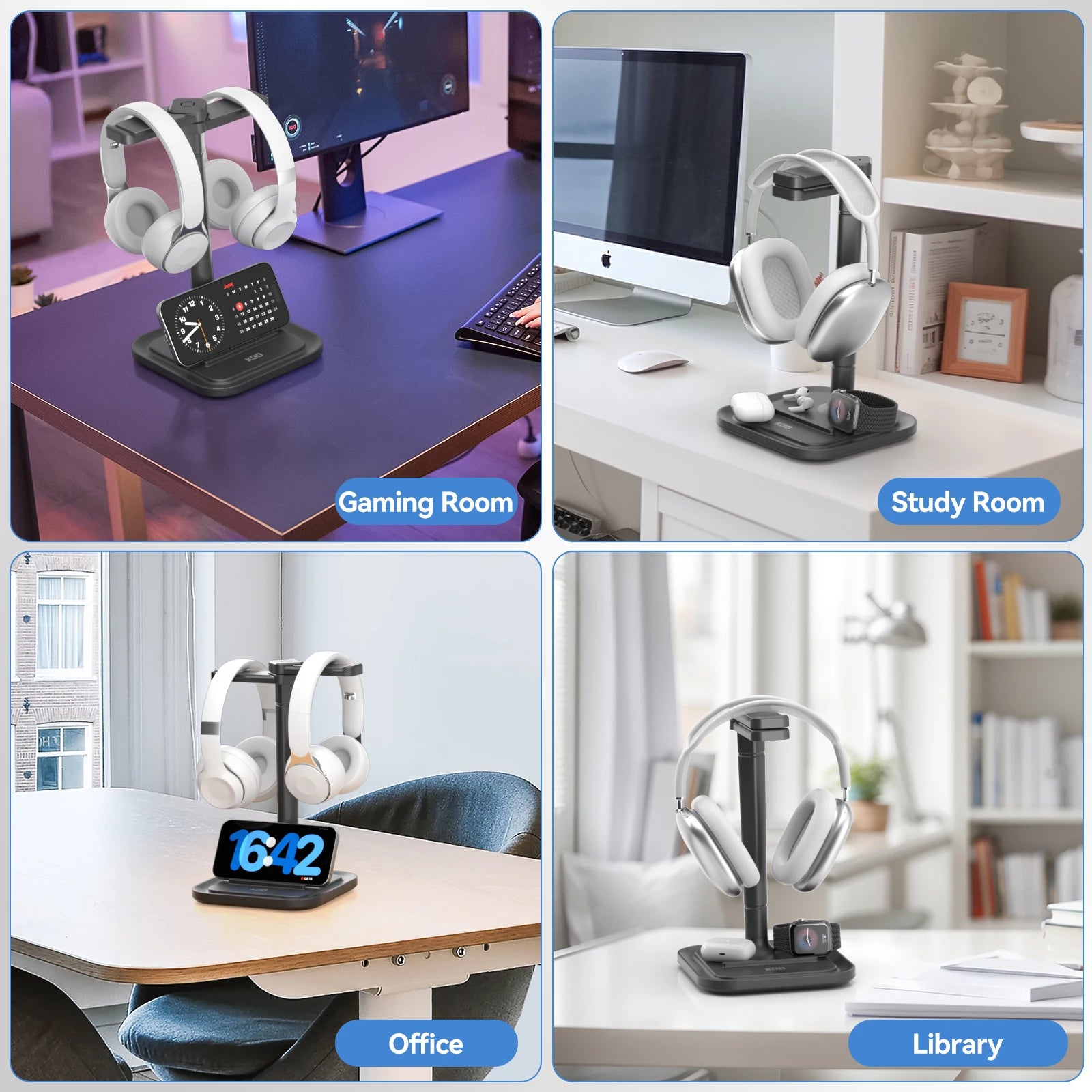 Dual Headphone Stand for Desk Rotatable Headset Hanger with Phone Holder Removable Non-Slip Base for Gamers Desktop Accessories