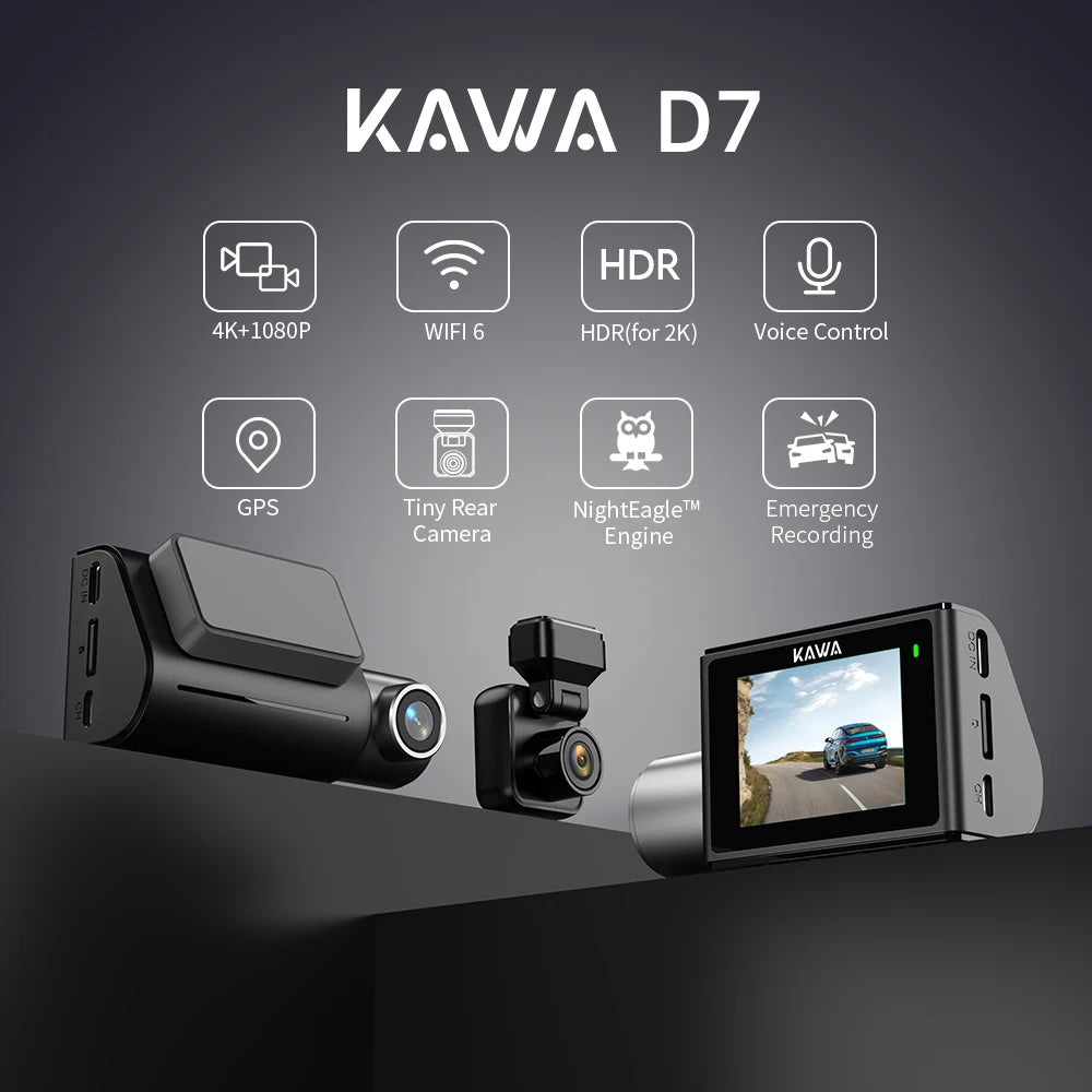 Front and Rear Dash cam KAWA D7 4K,Video Recorder 4K WiFi6 Car Camera,DVR Tiny Rear Camera for AUTO,APP/Voice Control Dashcam