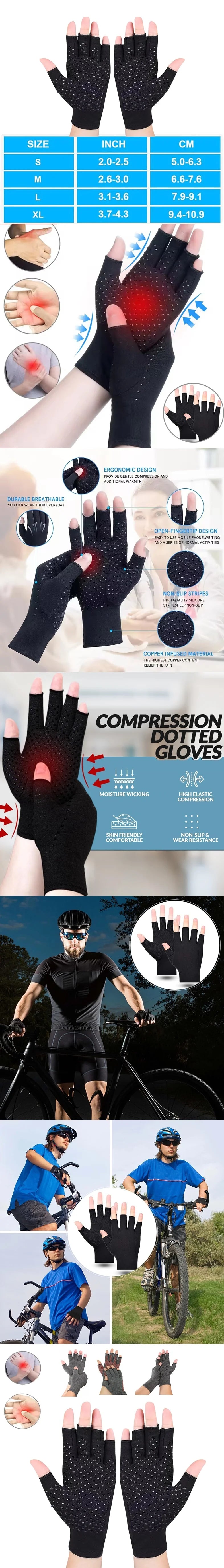 1 Pair Compression Gloves Hand Copper Arthritis Gloves Joint Pain Relief Half Finger Anti-slip Therapy Gloves For Womens Mens