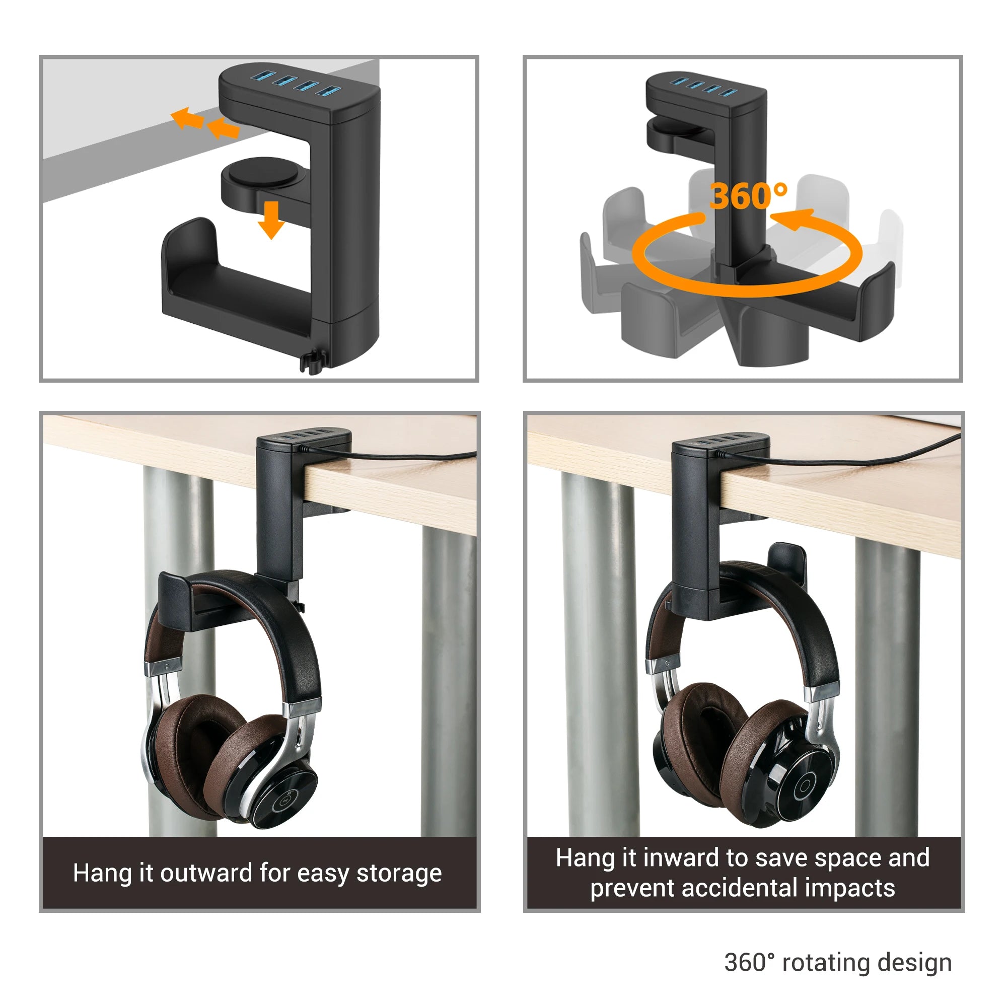 Headphone Bracket Swivel Mounted PC Gaming Headset Stand Holder Under Desk Hanger Hook Earphones Display Stand With USB Ports
