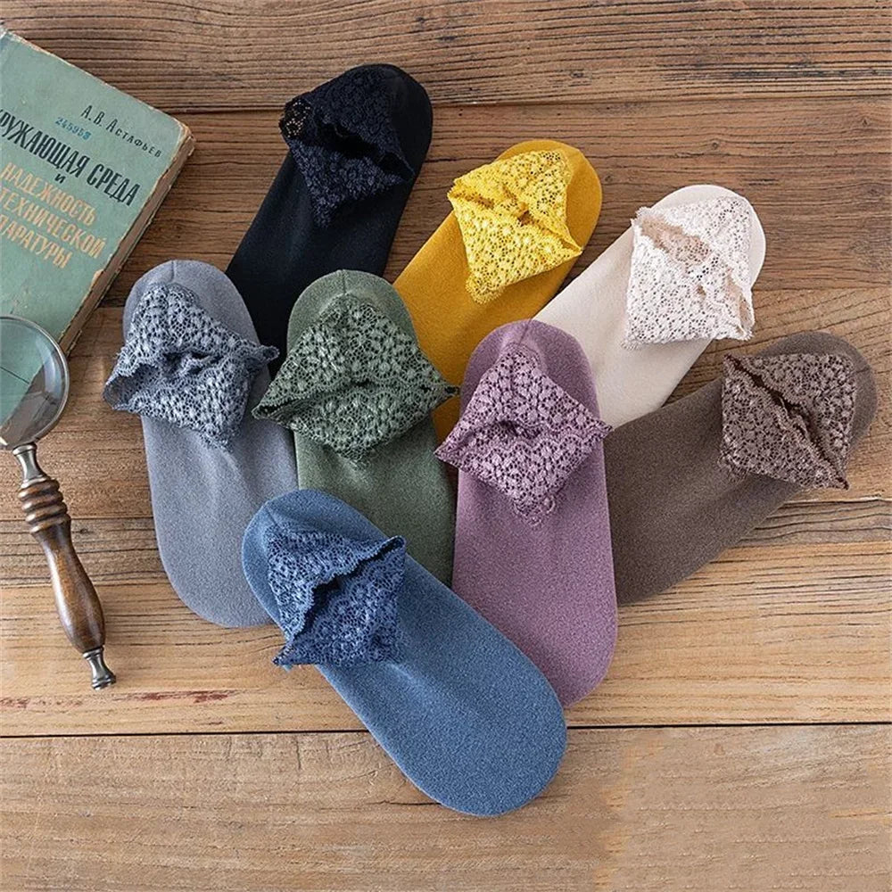 Women's Anti-Slip Thermal Velvet Floor Socks with Lace
