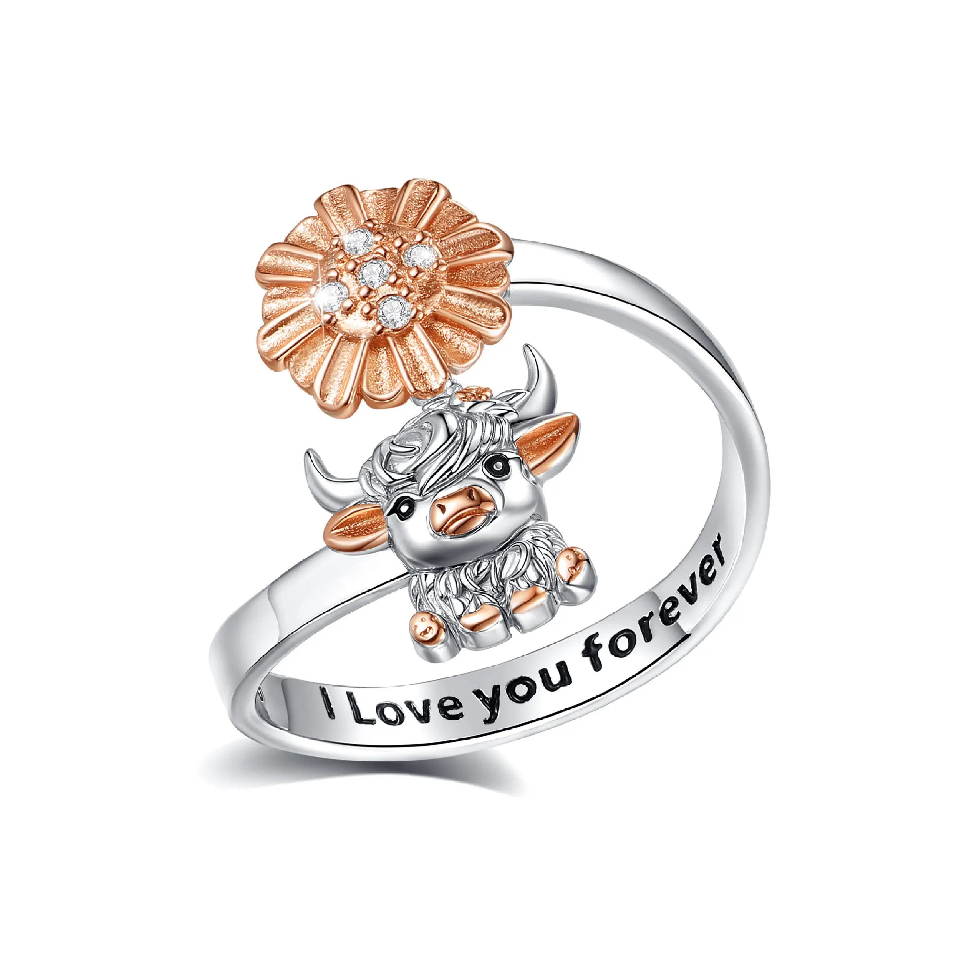 925 Sterling Silver Highland Cow Adjustable Flower Zircon Ring