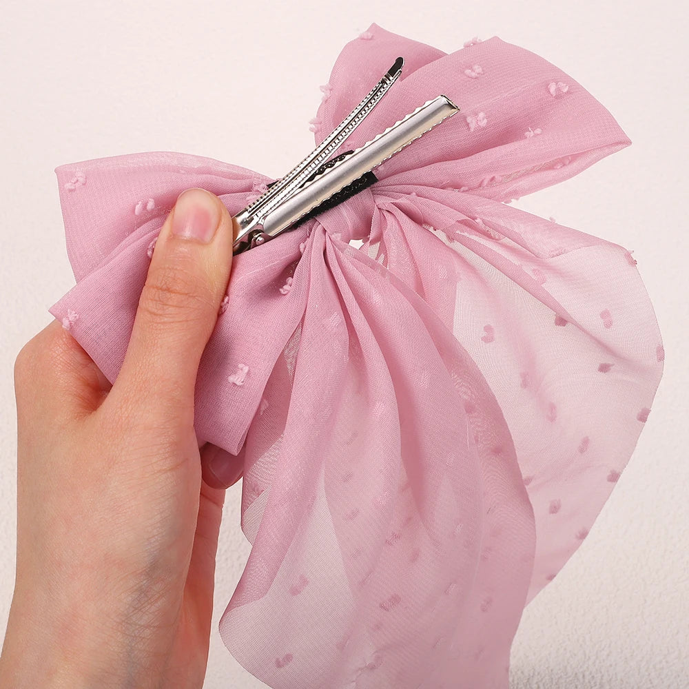 Elegant Long Satin Bow Hair Clip Large Chiffon Barrette