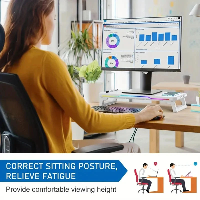 ITLY RGB Monitor Stand with 3 USB Ports Data Transfer  Charging  Desktop Organizer for PC and Laptops up to 19.6 Inches NEW