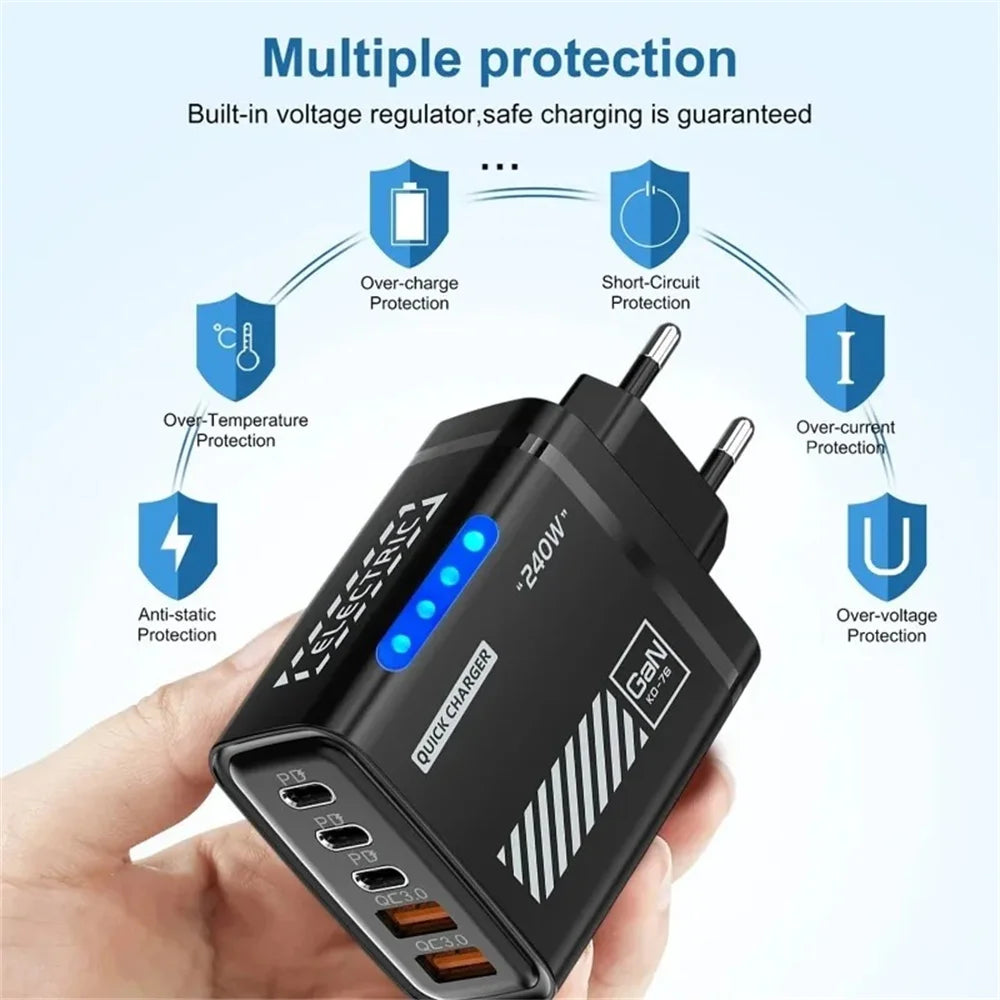 240W GaN 5 Port Fast Charging Station 3PD 2USB Desk Adapter For iPhone 17 16 15 Pro Samsung Xiaomi EU US Wall Plug USB C Charger