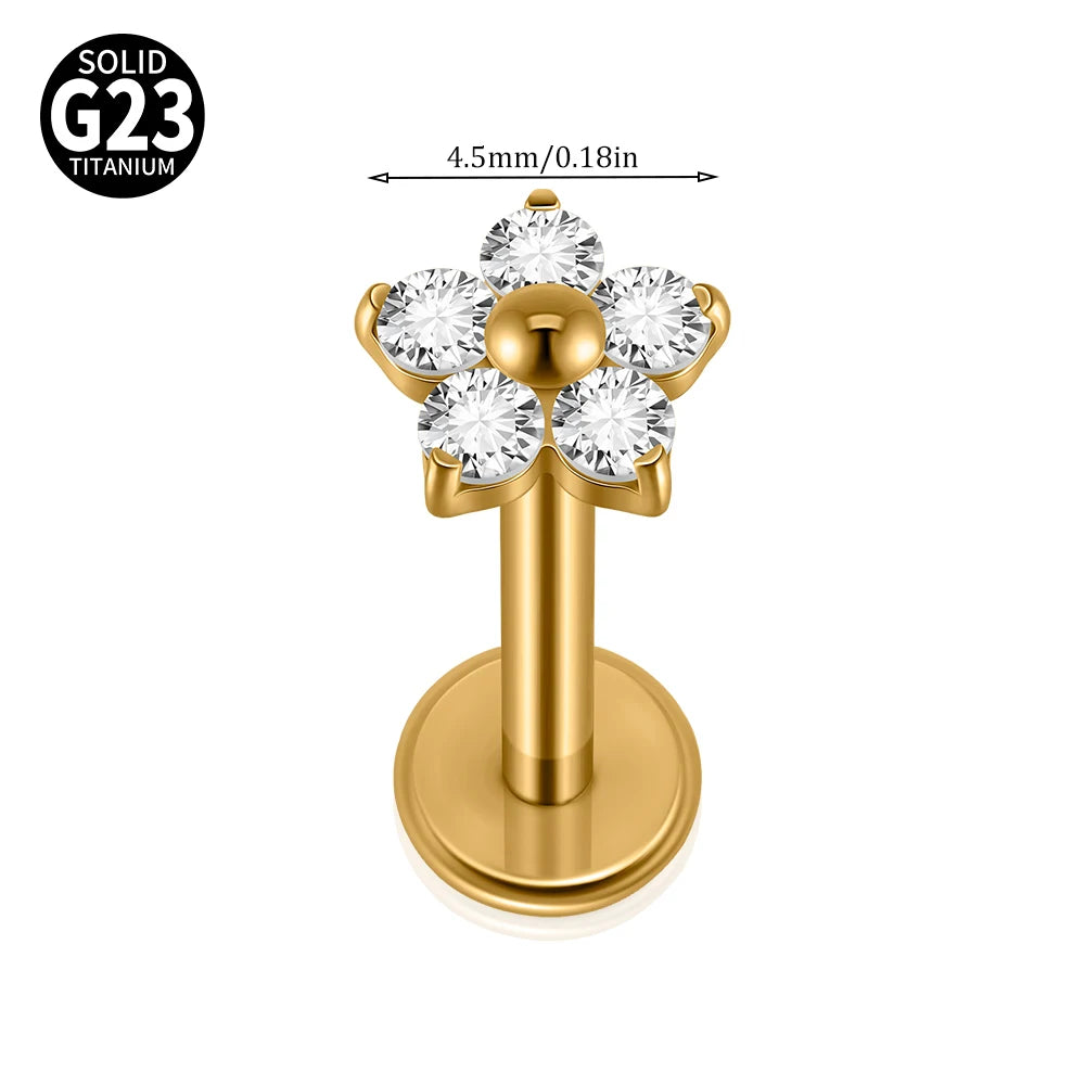 F-136 Implant Titanium Flower Zirconia 16G Labret Helix Piercing