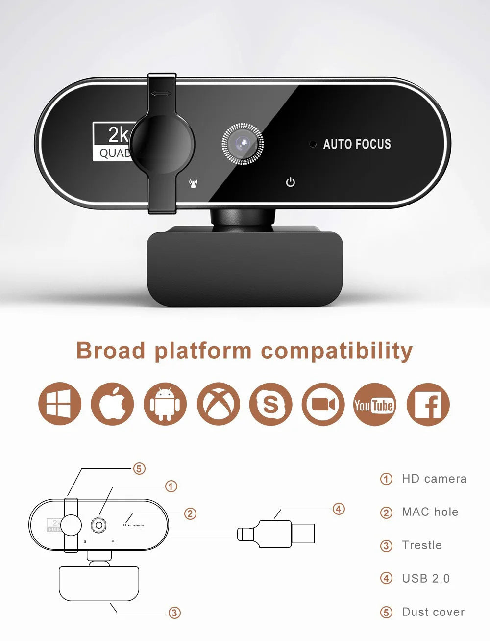 Câmara Web Lenovo 4K HD Mini com Microfone, Câmara Web Full HD 2K, Webcam USB com Foco Automático para PC, Portátil, Captação de Vídeo