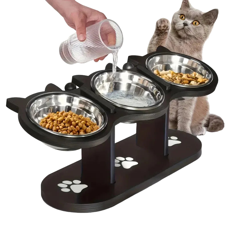 Adjustable 15-Degree Elevated 3-Bowl Wood and Stainless Steel Feeder