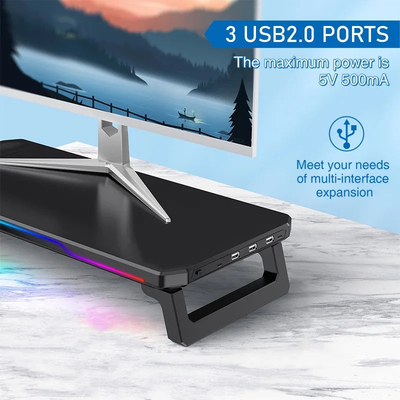 ITLY RGB Monitor Stand with 3 USB Ports Data Transfer  Charging  Desktop Organizer for PC and Laptops up to 19.6 Inches NEW