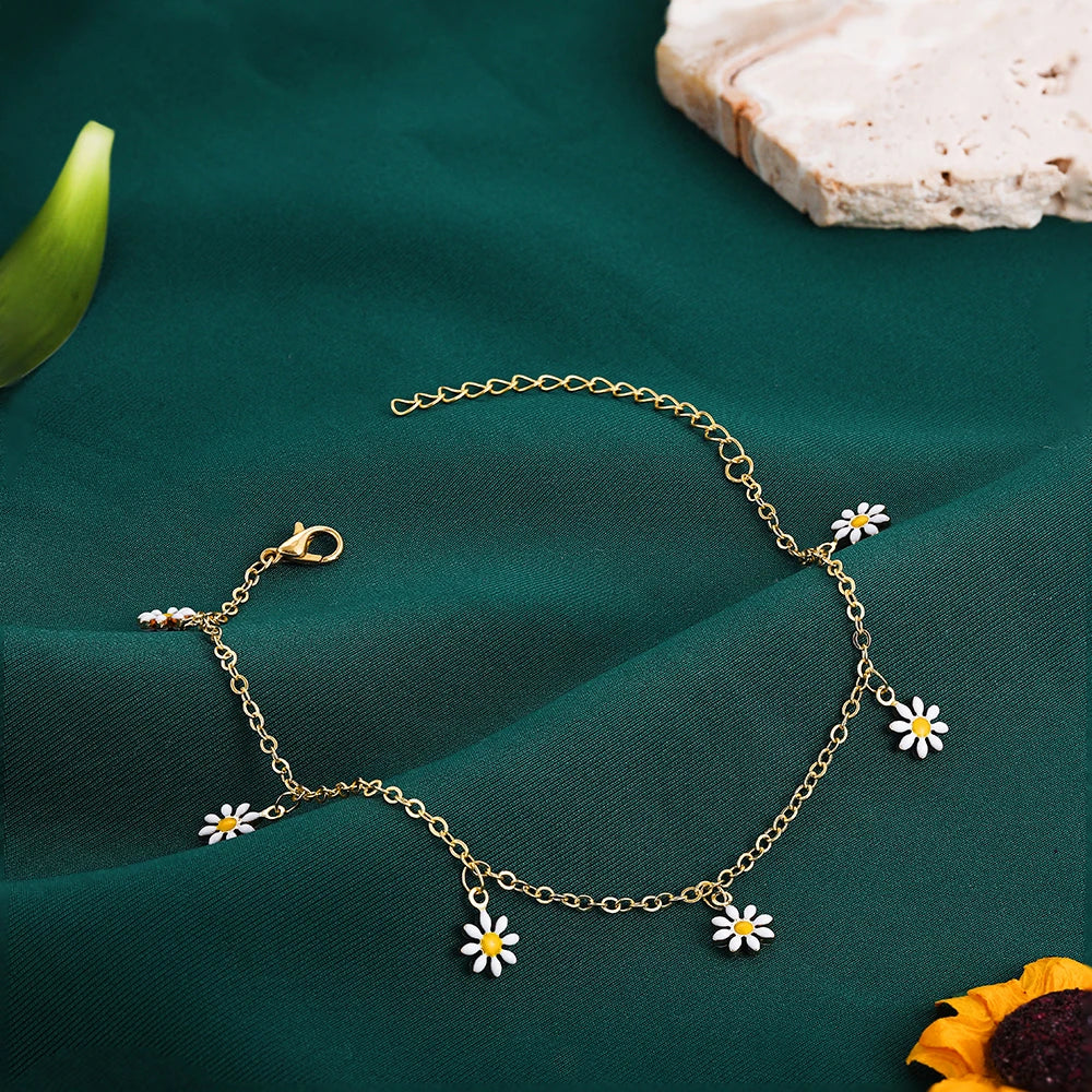 Elegante Tornozeleira Flor Margarida com Corrente de Pérolas Feita à Mão Tornozeleiras para Mulheres Acessórios de Sandálias de Verão Praia Pulseira na Perna